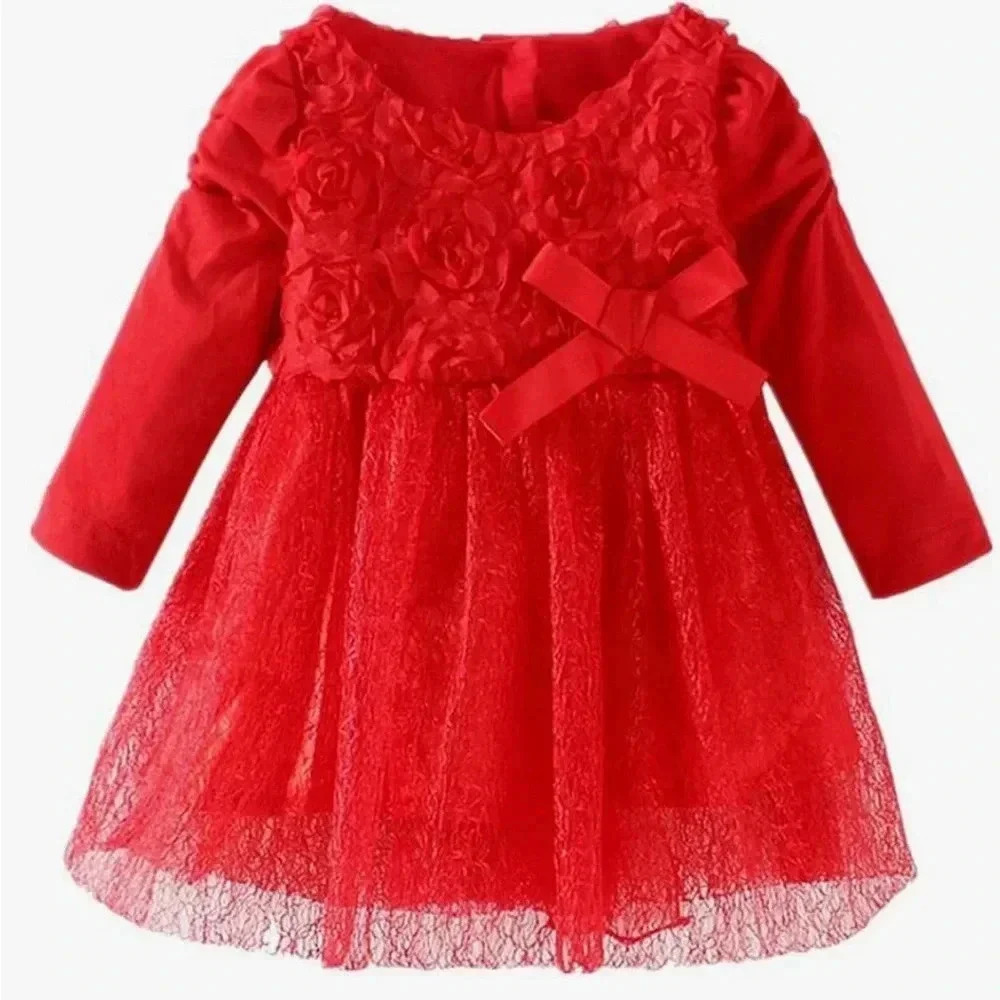Wennikids Red Flower Girl Christening Birthday Party Dress 9 months 16-18 lbs